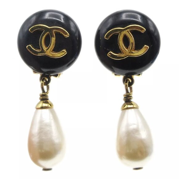 Chanel Artificial Pearl Dangle Earrings Clip-On Black 95A 120631 - Picture 1 of 5